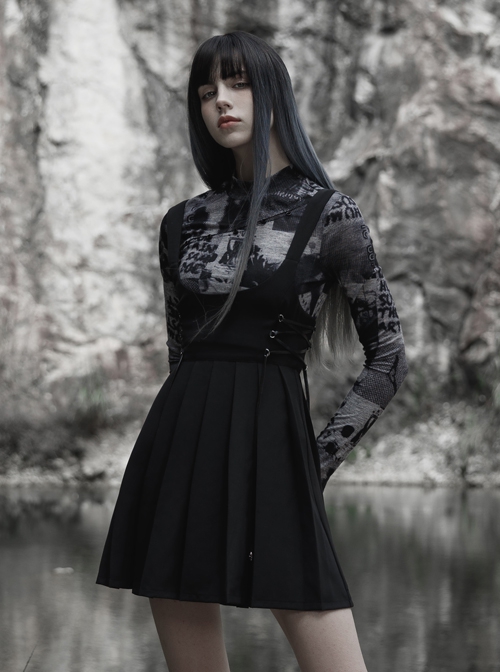 Dark Twill Drape Weave High Waist Cross Strap Decoration Pleated Slip Dress