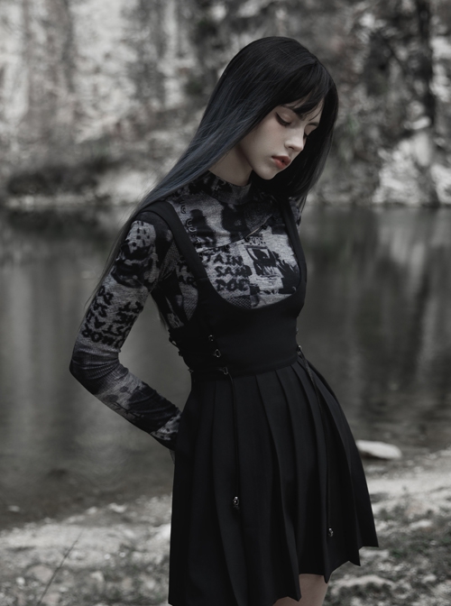 Dark Twill Drape Weave High Waist Cross Strap Decoration Pleated Slip Dress
