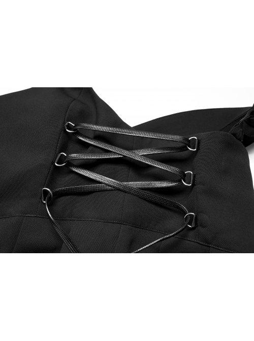Dark Twill Drape Weave High Waist Cross Strap Decoration Pleated Slip Dress