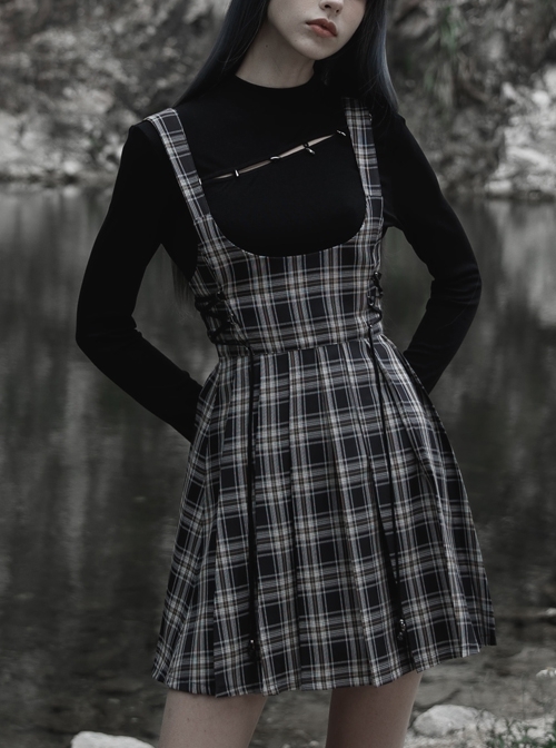 Dark Punk Black And White Check Weave Fabric High Waist Tie Rope Skull Decoration Pleated Strap Dress