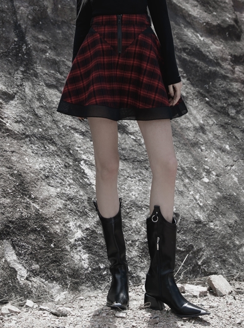 College Style Red Chiffon Plaid Large-Hole Mesh Stitching V-Word Segmentation Design Sun-Hem Skirt
