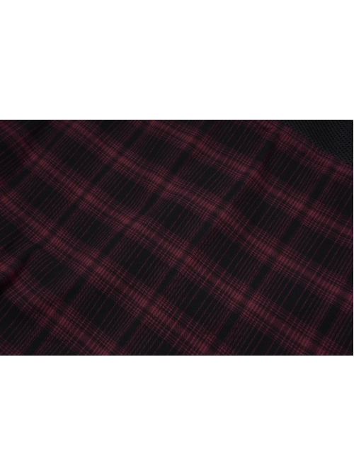 College Style Red Chiffon Plaid Large-Hole Mesh Stitching V-Word Segmentation Design Sun-Hem Skirt