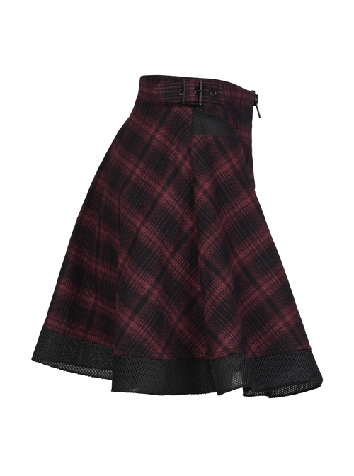 College Style Red Chiffon Plaid Large-Hole Mesh Stitching V-Word Segmentation Design Sun-Hem Skirt