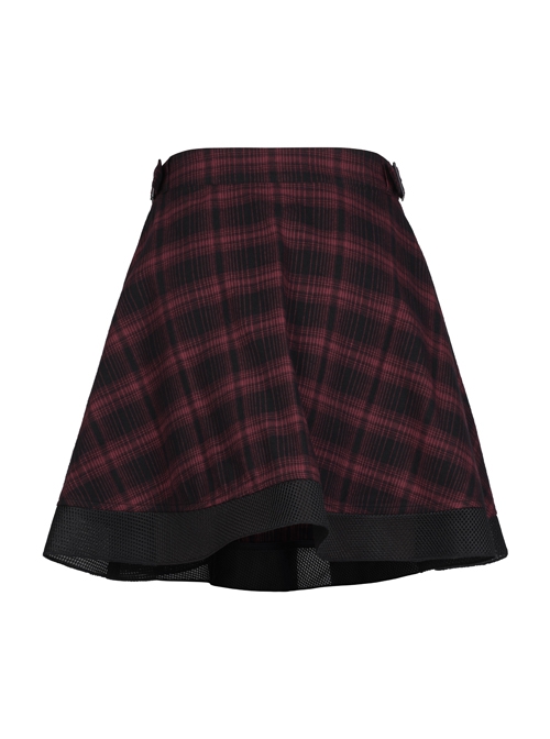 College Style Red Chiffon Plaid Large-Hole Mesh Stitching V-Word Segmentation Design Sun-Hem Skirt