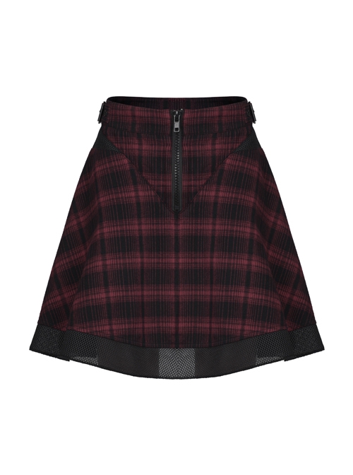 College Style Red Chiffon Plaid Large-Hole Mesh Stitching V-Word Segmentation Design Sun-Hem Skirt