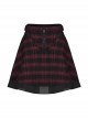 College Style Red Chiffon Plaid Large-Hole Mesh Stitching V-Word Segmentation Design Sun-Hem Skirt