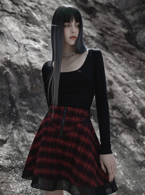 College Style Red Chiffon Plaid Large-Hole Mesh Stitching V-Word Segmentation Design Sun-Hem Skirt