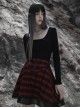College Style Red Chiffon Plaid Large-Hole Mesh Stitching V-Word Segmentation Design Sun-Hem Skirt