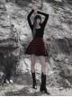College Style Red Chiffon Plaid Large-Hole Mesh Stitching V-Word Segmentation Design Sun-Hem Skirt
