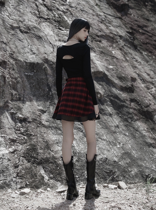 College Style Red Chiffon Plaid Large-Hole Mesh Stitching V-Word Segmentation Design Sun-Hem Skirt