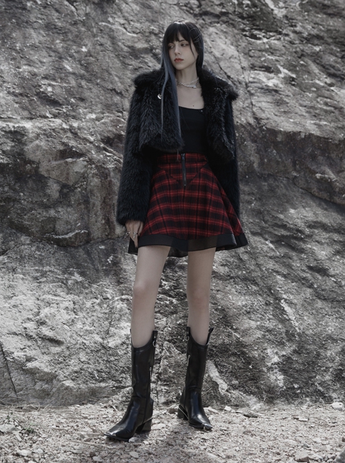 College Style Red Chiffon Plaid Large-Hole Mesh Stitching V-Word Segmentation Design Sun-Hem Skirt