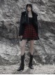 College Style Red Chiffon Plaid Large-Hole Mesh Stitching V-Word Segmentation Design Sun-Hem Skirt