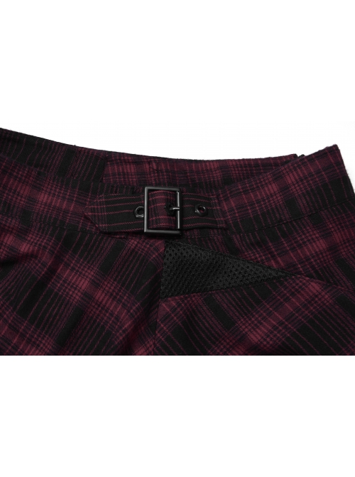 College Style Red Chiffon Plaid Large-Hole Mesh Stitching V-Word Segmentation Design Sun-Hem Skirt