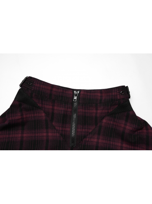 College Style Red Chiffon Plaid Large-Hole Mesh Stitching V-Word Segmentation Design Sun-Hem Skirt