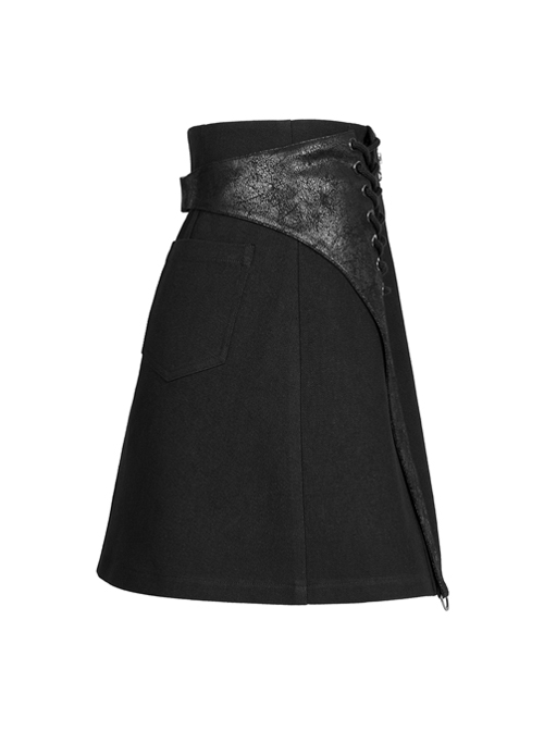 Dark Faux Leather Punk Cross Strap Design Metal Zipper Decoration High Waist Skirt