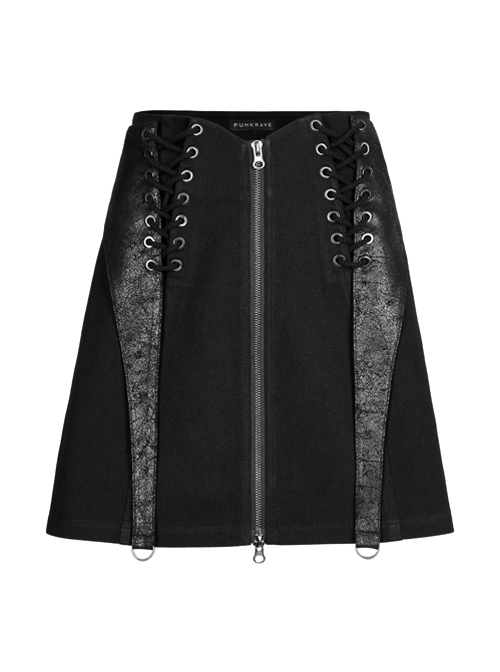 Dark Faux Leather Punk Cross Strap Design Metal Zipper Decoration High Waist Skirt