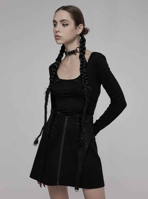 Dark Faux Leather Punk Cross Strap Design Metal Zipper Decoration High Waist Skirt