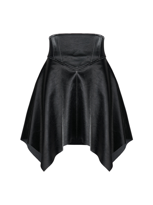 Gothic Black Glossy Cortex Waist Seal Square Hem High Waist Skirt
