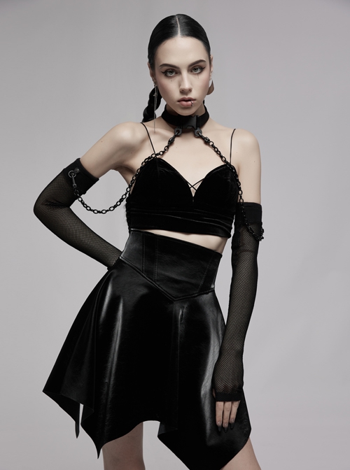 Gothic Black Glossy Cortex Waist Seal Square Hem High Waist Skirt