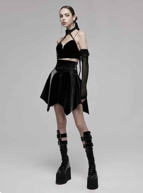 Gothic Black Glossy Cortex Waist Seal Square Hem High Waist Skirt