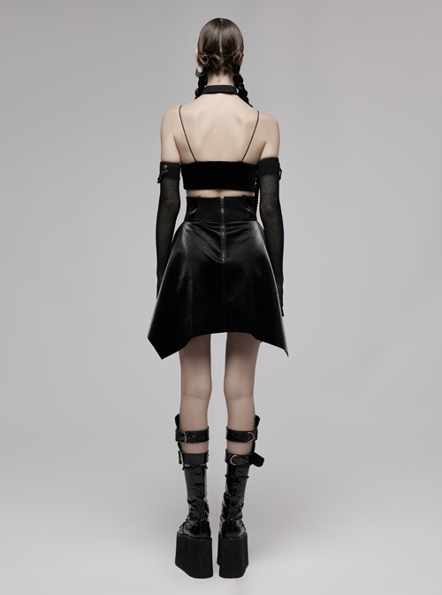 Gothic Black Glossy Cortex Waist Seal Square Hem High Waist Skirt