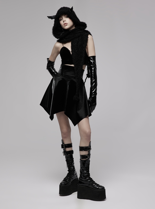 Gothic Black Glossy Cortex Waist Seal Square Hem High Waist Skirt