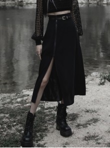 Black Chiffon Fabric Minimalist Thin Two-Wear Zippered Slit Design Half Skirt