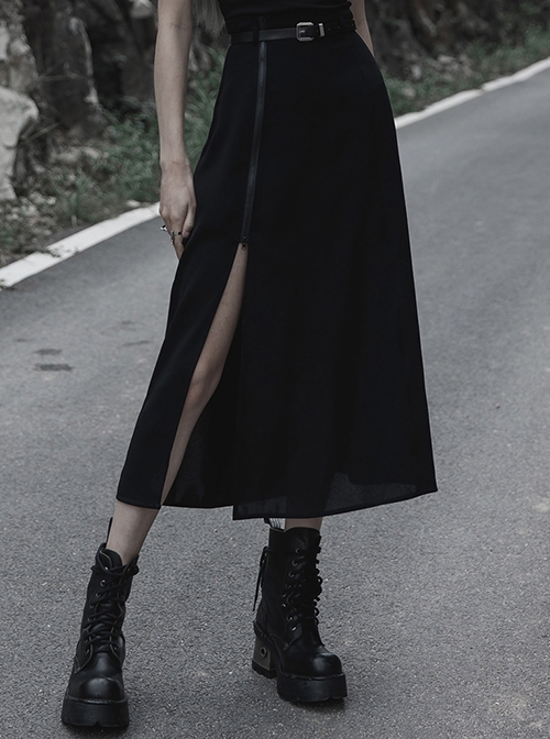Black Chiffon Fabric Minimalist Thin Two-Wear Zippered Slit Design Half Skirt