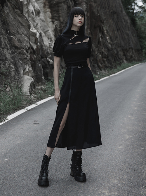 Black Chiffon Fabric Minimalist Thin Two-Wear Zippered Slit Design Half Skirt