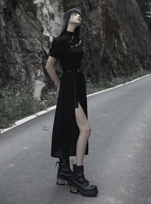 Black Chiffon Fabric Minimalist Thin Two-Wear Zippered Slit Design Half Skirt