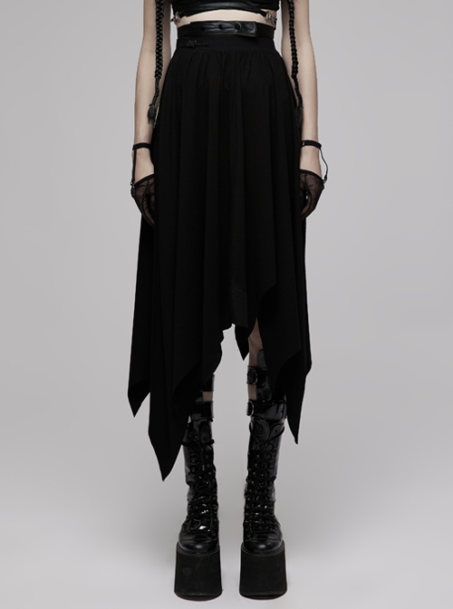 Knitted Raw Edge Black Rubber Buckle Decoration Irregular Bat Hem Long Skirt