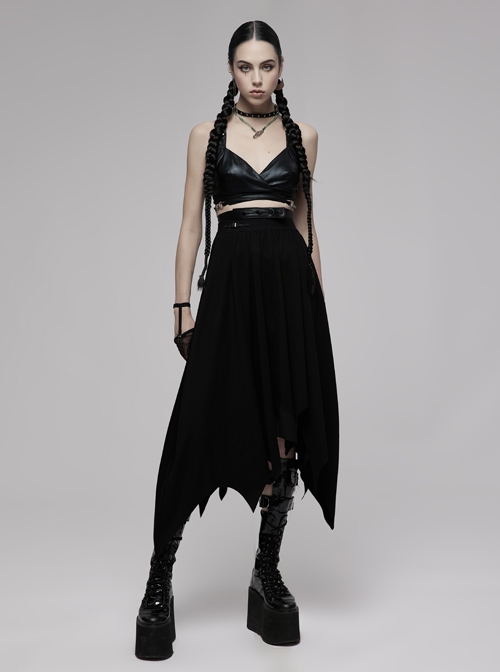 Knitted Raw Edge Black Rubber Buckle Decoration Irregular Bat Hem Long Skirt
