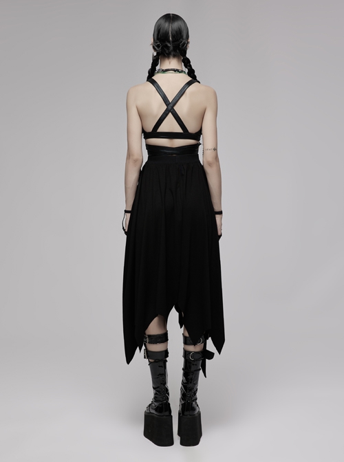 Knitted Raw Edge Black Rubber Buckle Decoration Irregular Bat Hem Long Skirt
