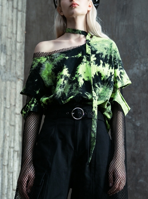 Punk Tie-Dye Fabric Fake Two Spliced Plaid Off The Shoulder Perspective Hoodies