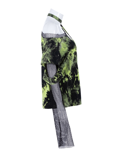 Punk Tie-Dye Fabric Fake Two Spliced Plaid Off The Shoulder Perspective Hoodies