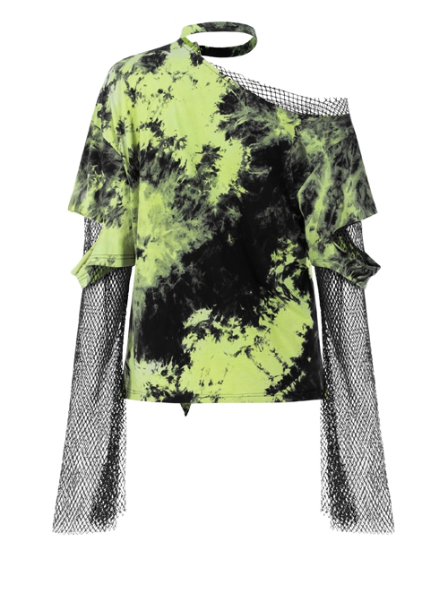 Punk Tie-Dye Fabric Fake Two Spliced Plaid Off The Shoulder Perspective Hoodies