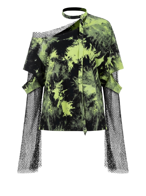 Punk Tie-Dye Fabric Fake Two Spliced Plaid Off The Shoulder Perspective Hoodies