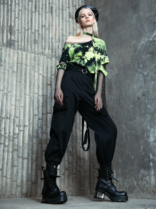 Punk Tie-Dye Fabric Fake Two Spliced Plaid Off The Shoulder Perspective Hoodies