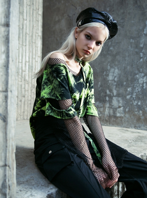 Punk Tie-Dye Fabric Fake Two Spliced Plaid Off The Shoulder Perspective Hoodies