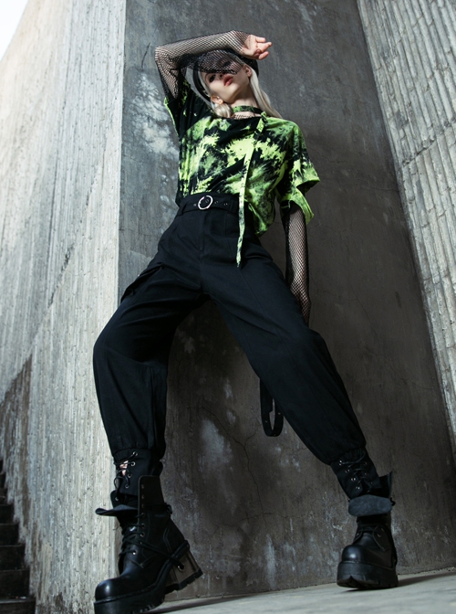 Punk Tie-Dye Fabric Fake Two Spliced Plaid Off The Shoulder Perspective Hoodies