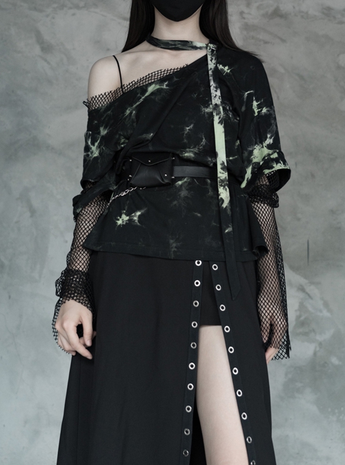 Punk Tie-Dye Fabric Fake Two Spliced Plaid Off The Shoulder Perspective Hoodies