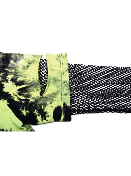Punk Tie-Dye Fabric Fake Two Spliced Plaid Off The Shoulder Perspective Hoodies