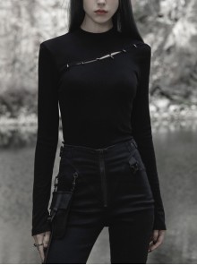 Black Stand Collar Knitting Hollow Round Button Decoration Skinny Long Sleeve T-Shirt