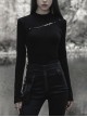 Black Stand Collar Knitting Hollow Round Button Decoration Skinny Long Sleeve T-Shirt