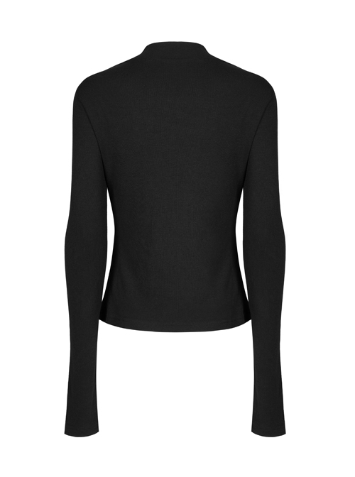 Black Stand Collar Knitting Hollow Round Button Decoration Skinny Long Sleeve T-Shirt
