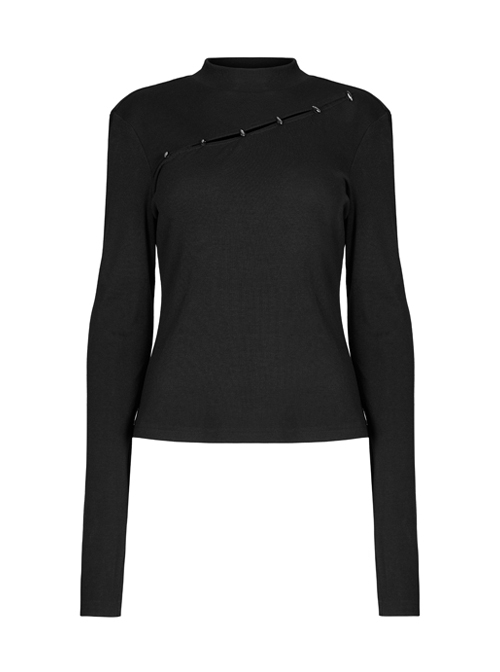 Black Stand Collar Knitting Hollow Round Button Decoration Skinny Long Sleeve T-Shirt