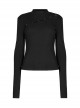 Black Stand Collar Knitting Hollow Round Button Decoration Skinny Long Sleeve T-Shirt