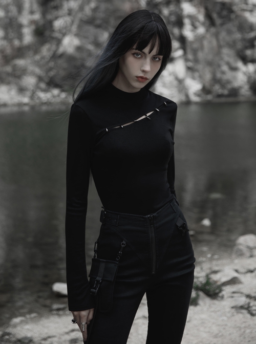 Black Stand Collar Knitting Hollow Round Button Decoration Skinny Long Sleeve T-Shirt