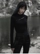 Black Stand Collar Knitting Hollow Round Button Decoration Skinny Long Sleeve T-Shirt