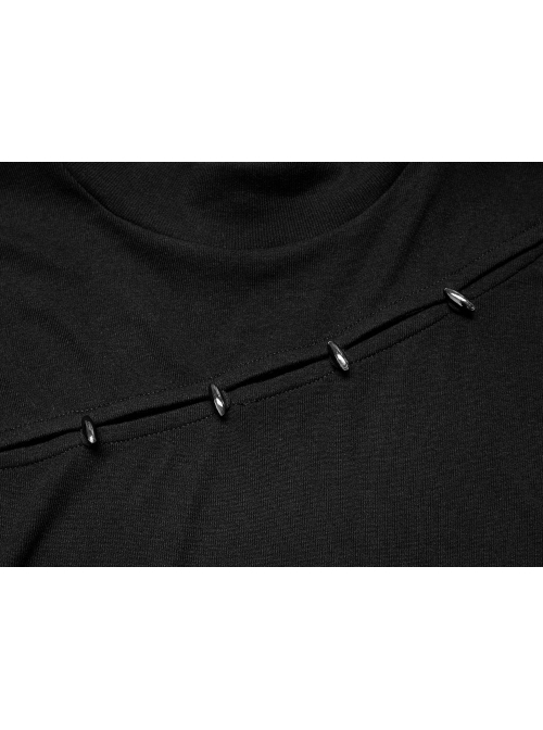 Black Stand Collar Knitting Hollow Round Button Decoration Skinny Long Sleeve T-Shirt